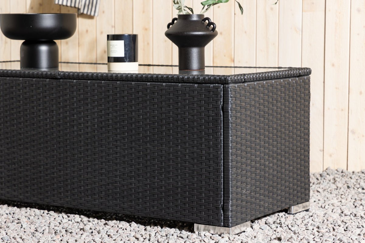 Garten Couchtisch Lena - Aus Rattan und Glas in Schwarz