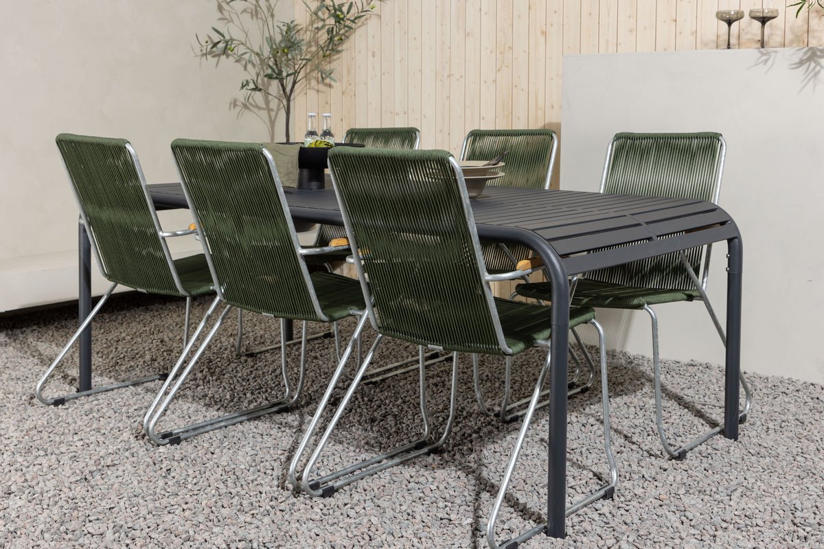 Garten Essgruppe Bloom – 7-teiliges Gartenmöbel-Set mit grünen, stapelbaren Stühlen