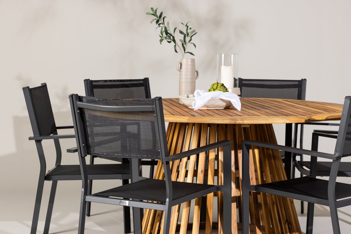 Garten Essgruppe Sona – 7-teiliges Gartenmöbel-Set mit schwarzen Stühlen und Tisch aus Akazie