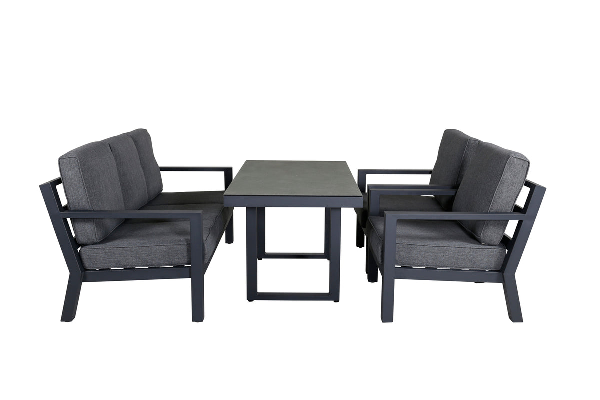 Garten Loungeset Kreta – 4-teiliges Set mit Tisch & dunkelgrauen Kissen
