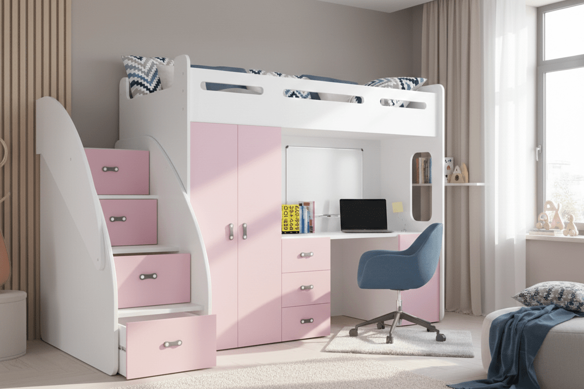 Kinderhochbett Study -  mit Schreibtisch, viel Stauraum & Matratze