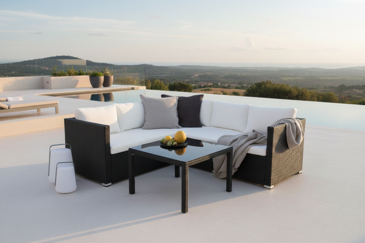 Garten Loungeset Liana – mit schwarzem Geflecht & weißen Kissen