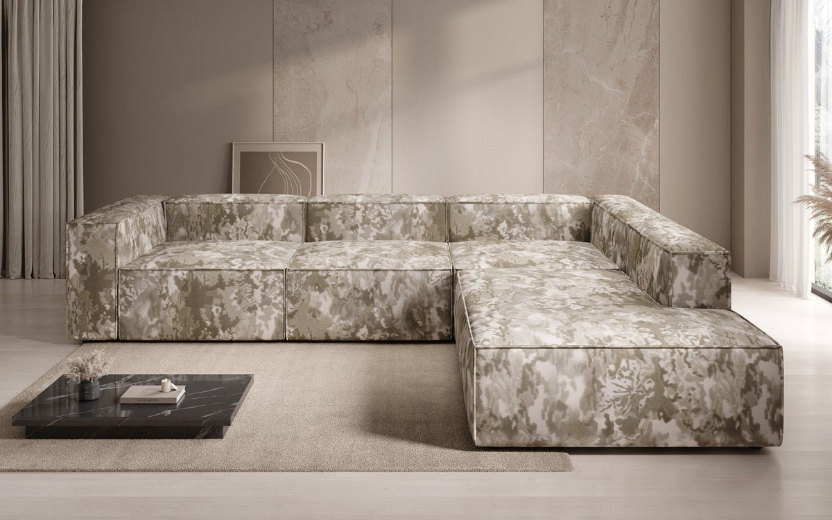 Designer Ecksofa Lesley mit langer Ottomane - Jacquard mit Aquarell-Muster