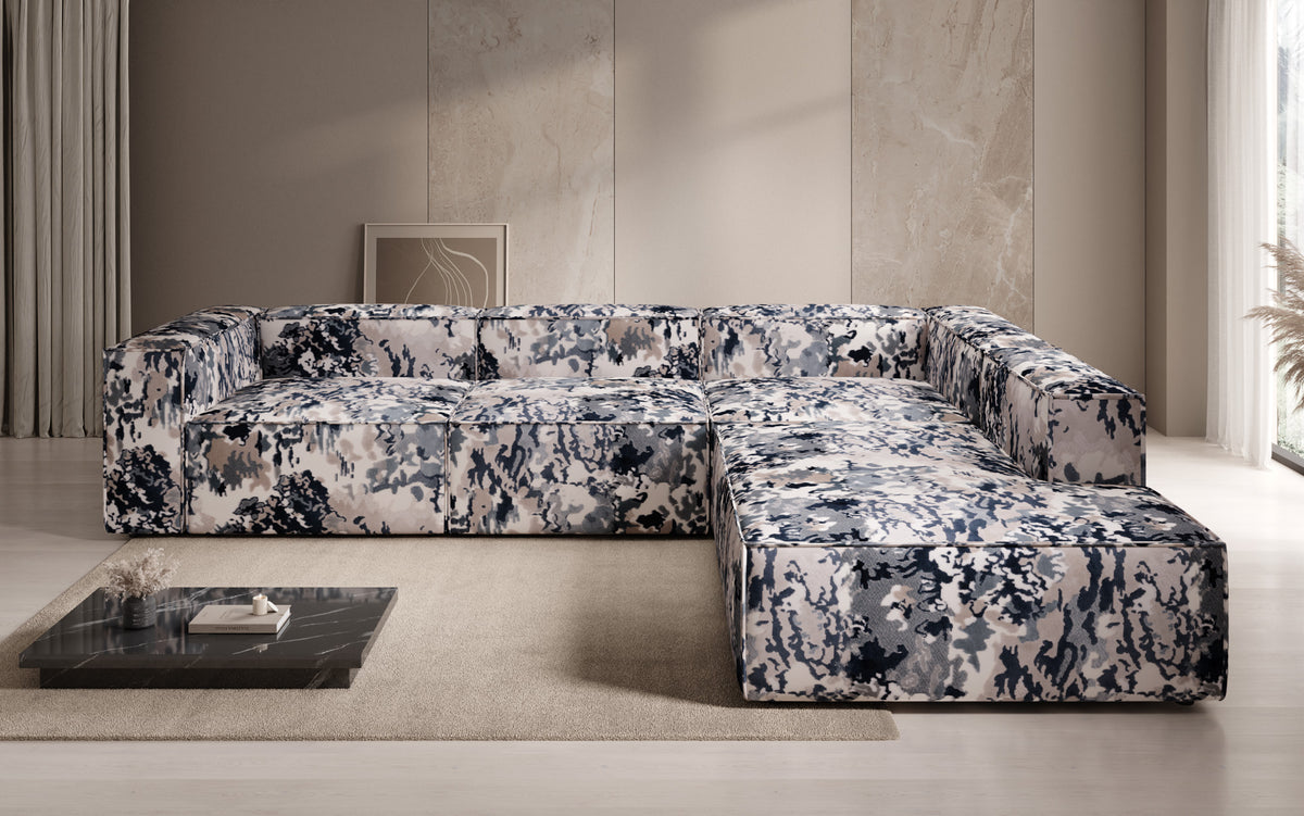 Designer Ecksofa Lesley mit langer Ottomane - Jacquard mit Aquarell-Muster