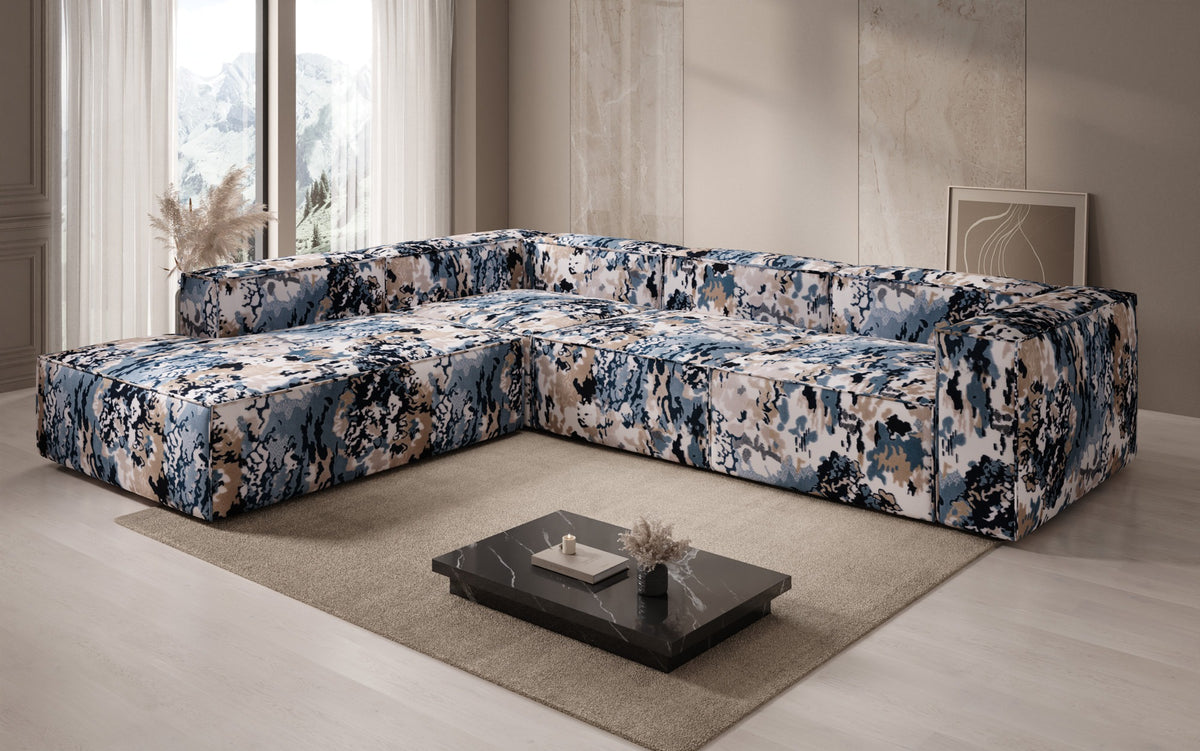 Designer Ecksofa Lesley mit langer Ottomane - Jacquard mit Aquarell-Muster