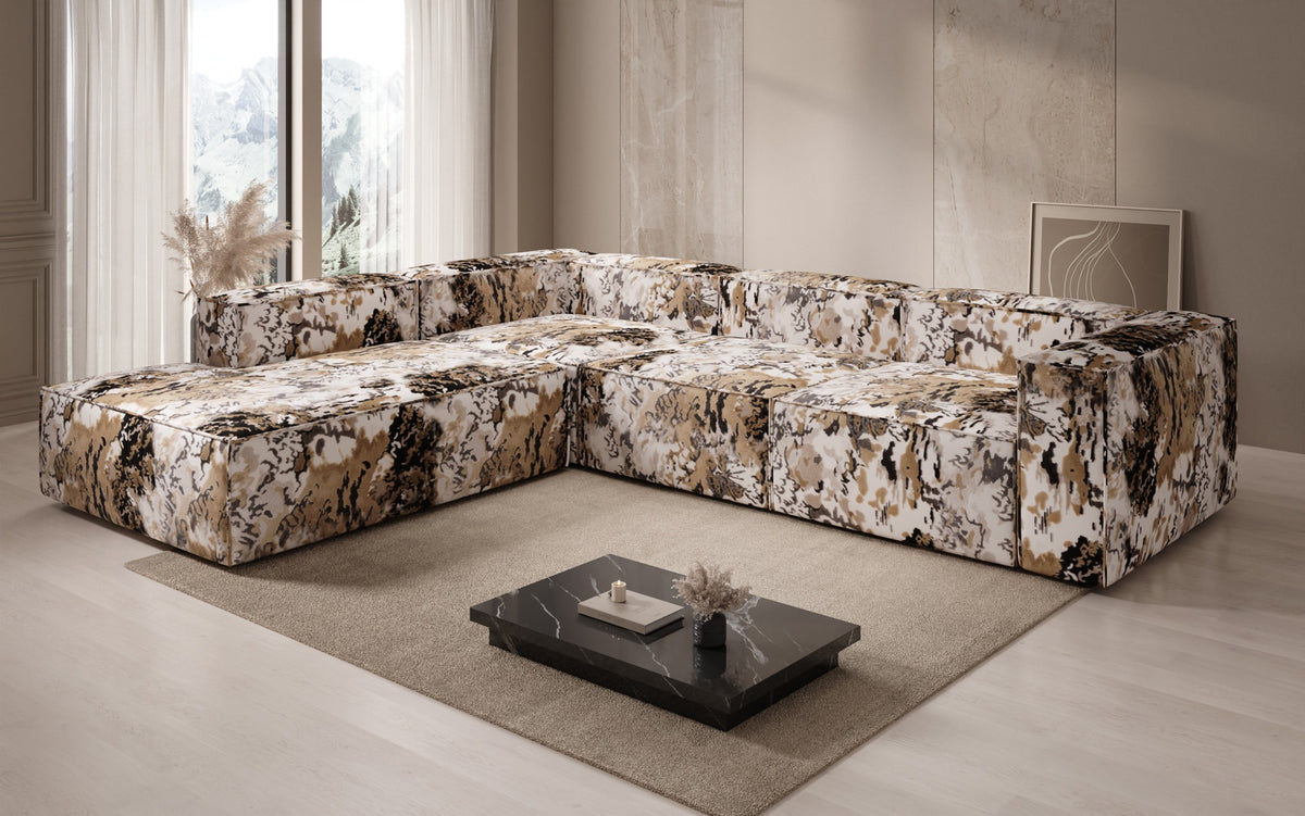 Designer Ecksofa Lesley mit langer Ottomane - Jacquard mit Aquarell-Muster