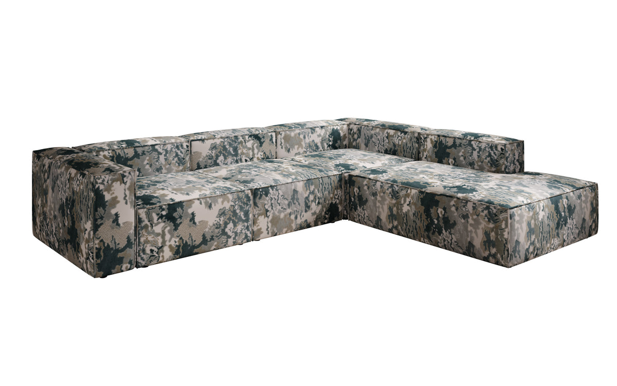 Designer Ecksofa Lesley mit langer Ottomane - Jacquard mit Aquarell-Muster