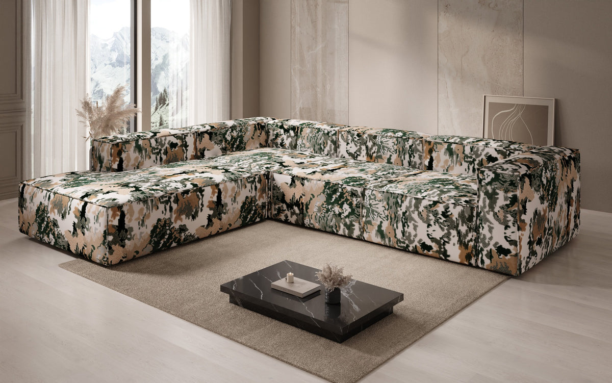 Designer Ecksofa Lesley mit langer Ottomane - Jacquard mit Aquarell-Muster