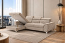 Ecksofa Luno in Strukturstoff Beige, Ottomane links – geöffneter Stauraum