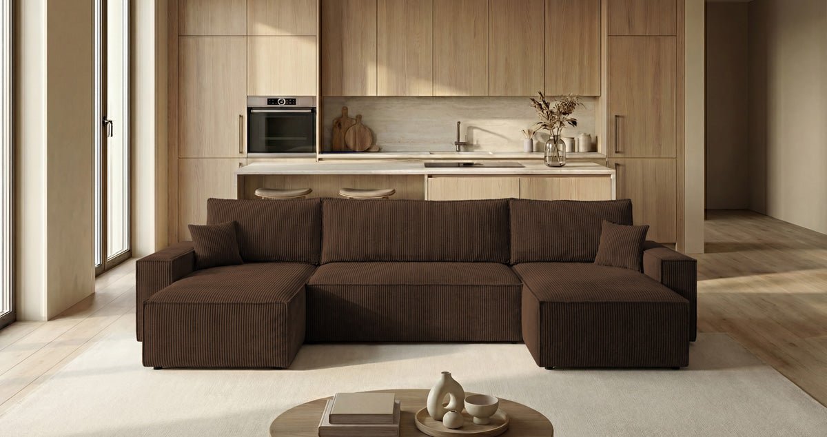 Designer Sofa Lunaro U Mini mit Schlaffunktion und Stauraum in Cord