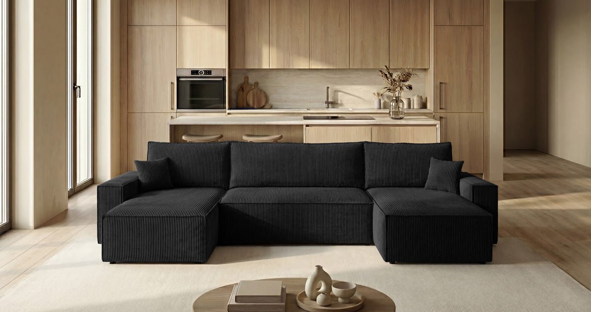 Designer Sofa Lunaro U Mini mit Schlaffunktion und Stauraum in Cord