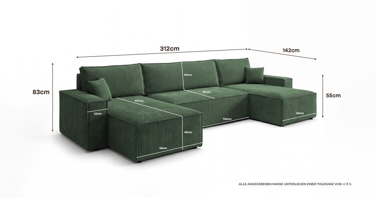 Designer Sofa Lunaro U Mini mit Schlaffunktion und Stauraum in Cord