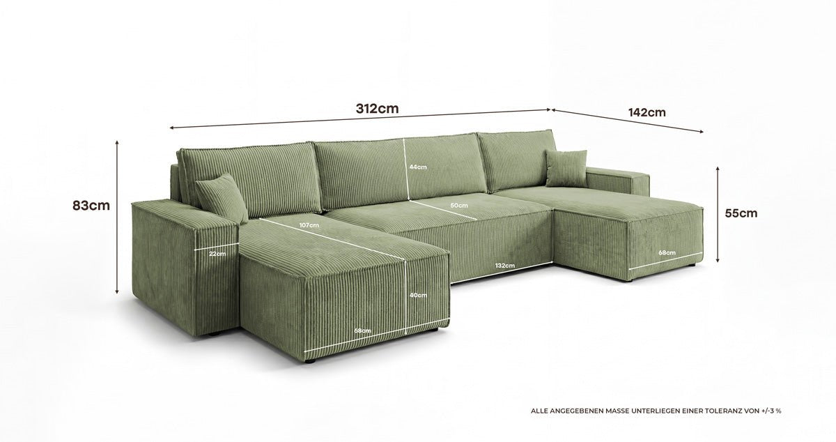 Designer Sofa Lunaro U Mini mit Schlaffunktion und Stauraum in Cord