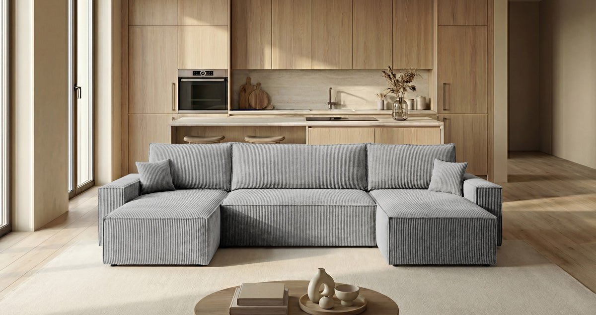 Designer Sofa Lunaro U Mini mit Schlaffunktion und Stauraum in Cord