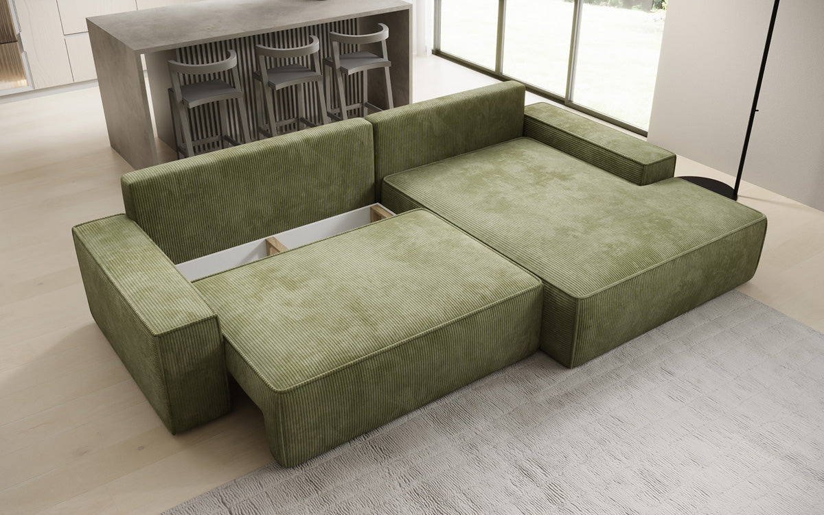 Designer Ecksofa Verona mit breiter Ottomane mit Schlaf- und Klappfunktion in Cord