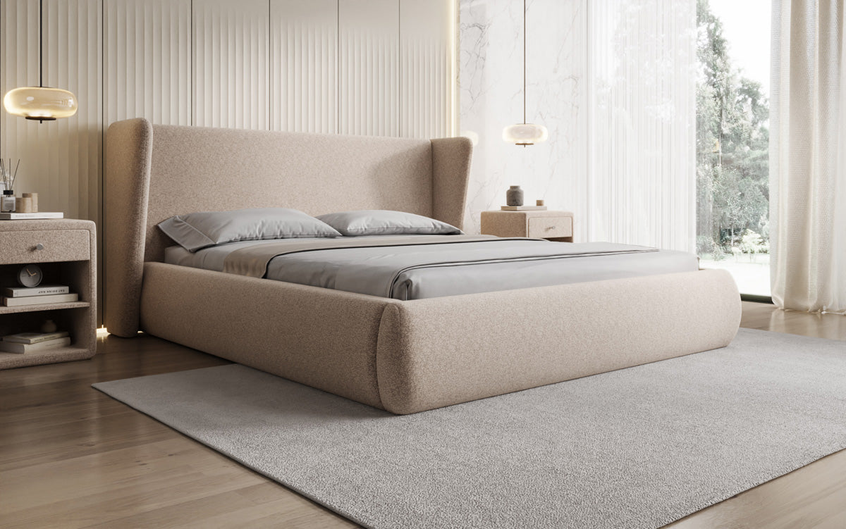 Designer Polsterbett Rosalie in Strukturstoff mit Stauraum