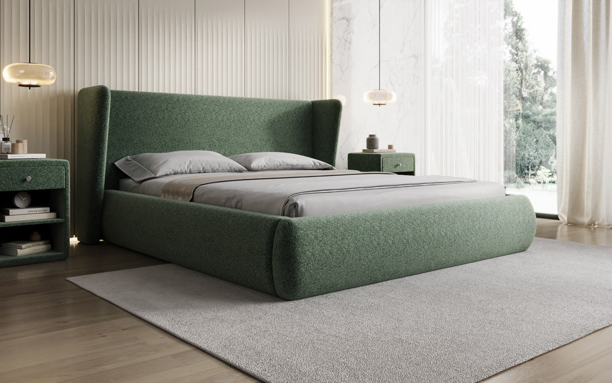 Designer Polsterbett Rosalie in Strukturstoff mit Stauraum