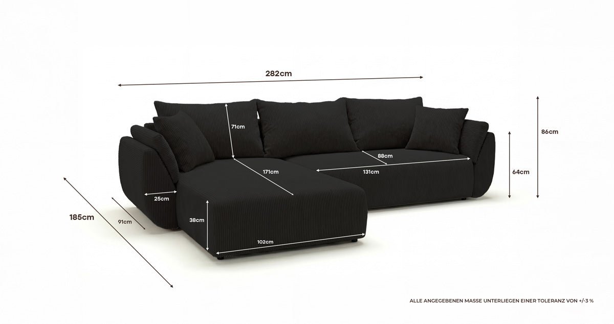 Designer Sofa Lenoa L mit Schlaf- und Klappfunktion in Cord