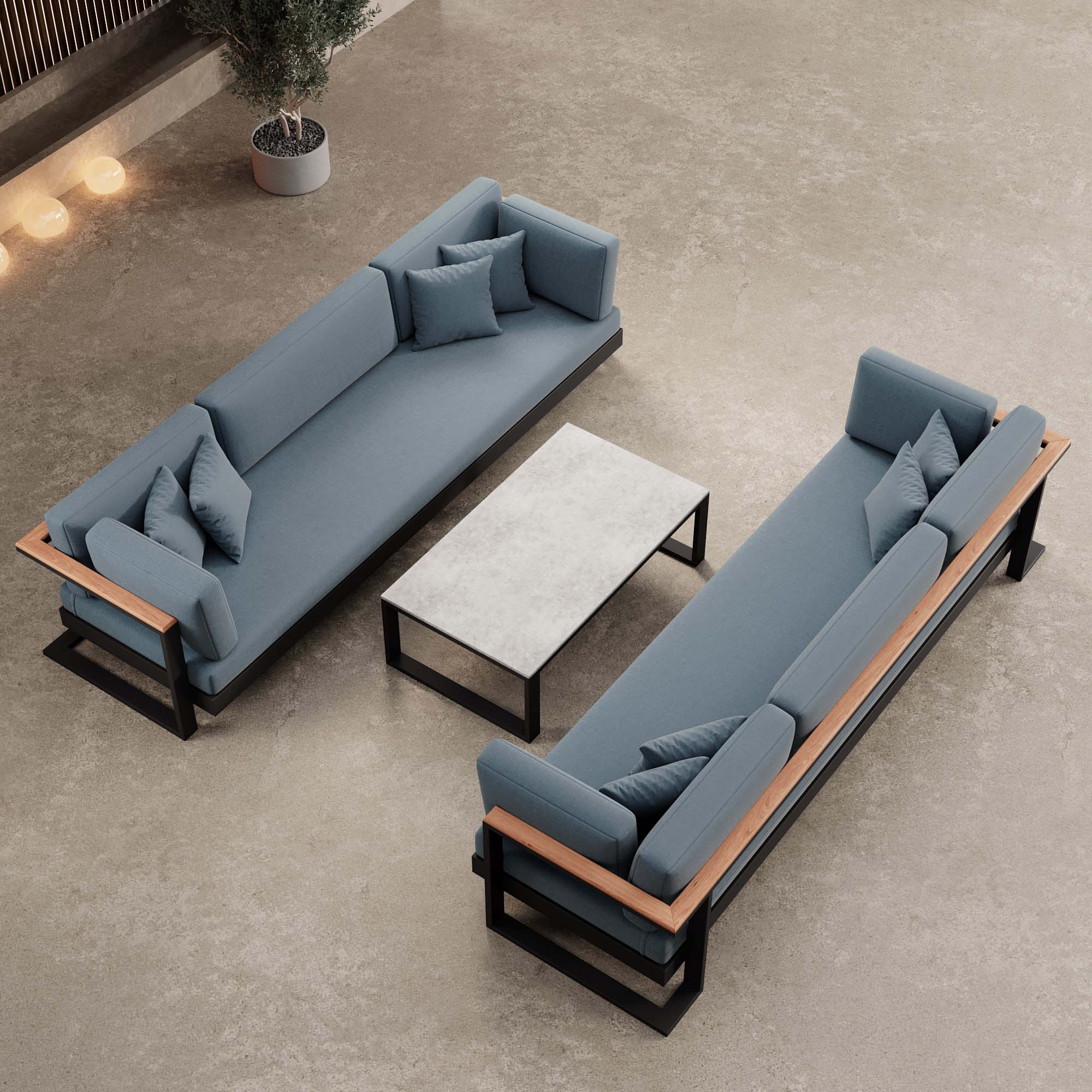 Vayla – 2 Dreisitzer & Tisch aus schwarzem Aluminium | Aevora™ Kollektion