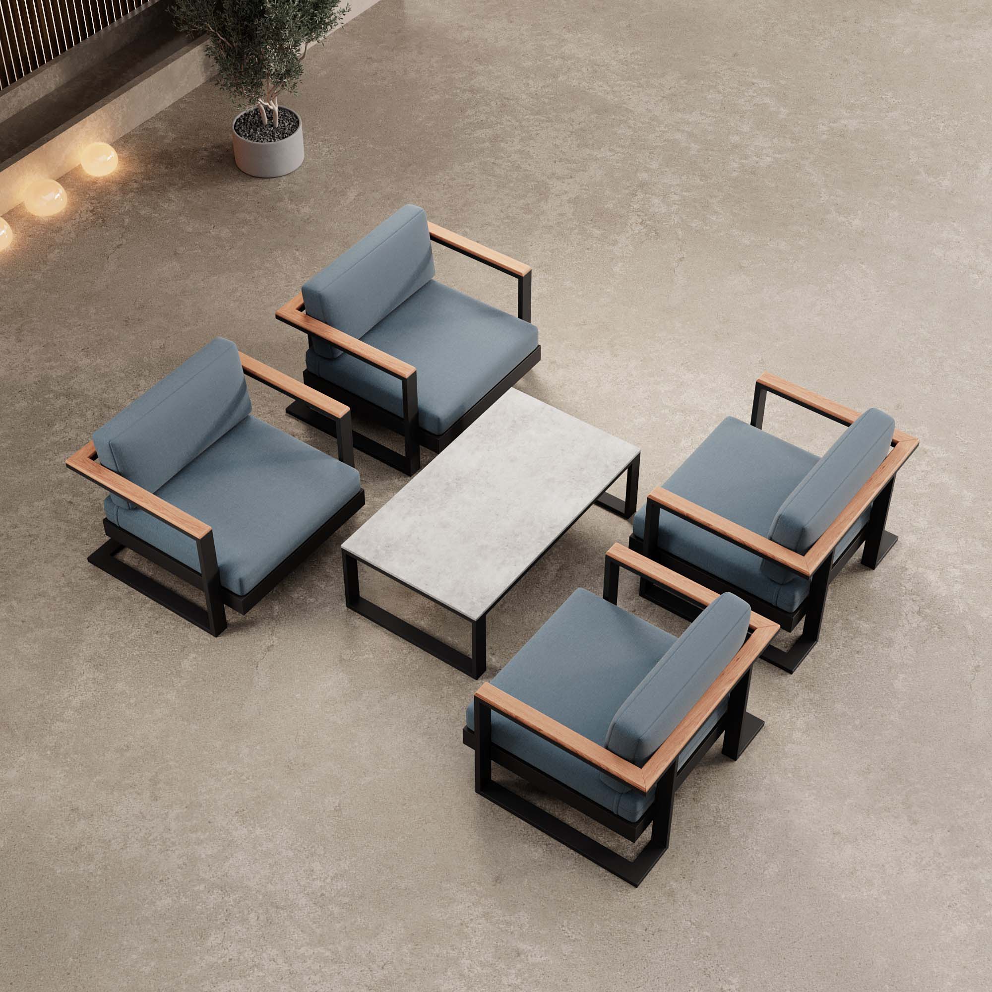 Vayla – 4 Loungesessel & Tisch aus schwarzem Aluminium | Aevora™ Kollektion