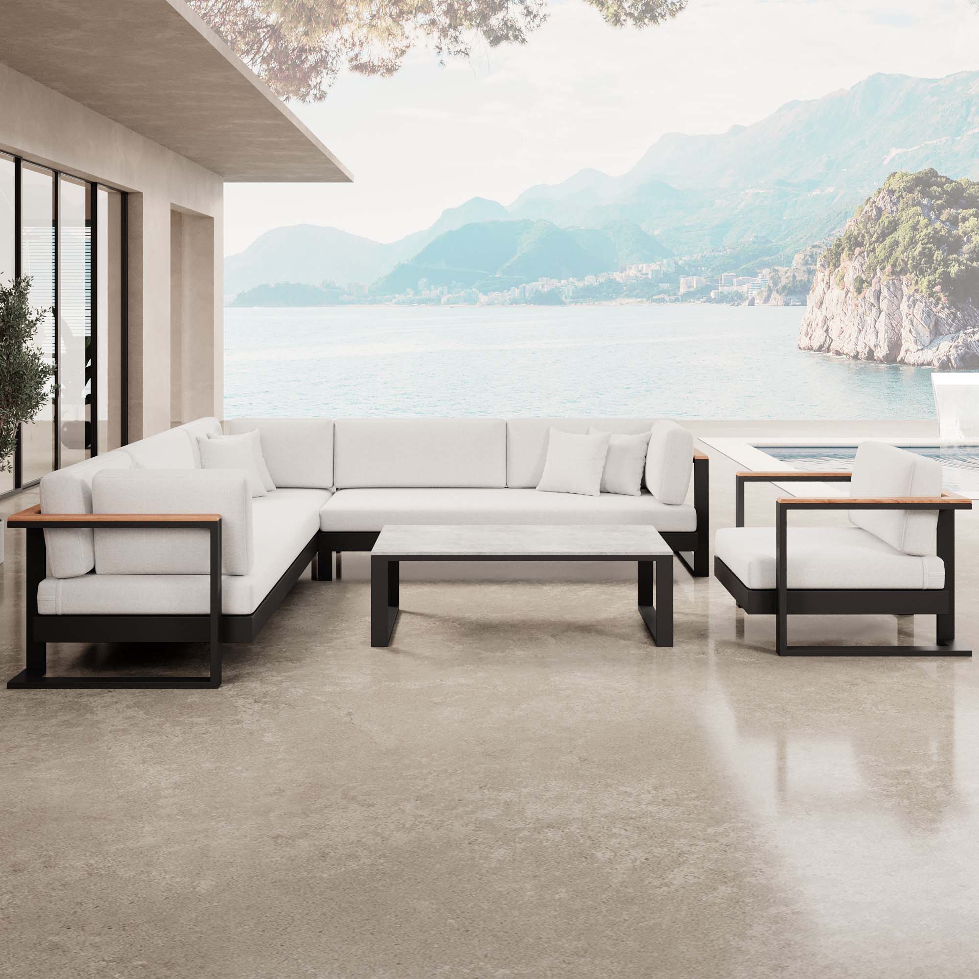 Vayla – Loungegruppe mit Ecksofa, Loungesessel & Tisch aus schwarzem Aluminium | Aevora™ Kollektion