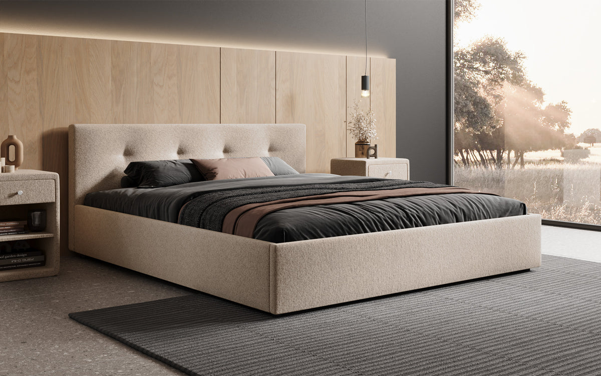 Designer Polsterbett Alva in Strukturstoff (Raven 24) in Beige – Milieu seitlich