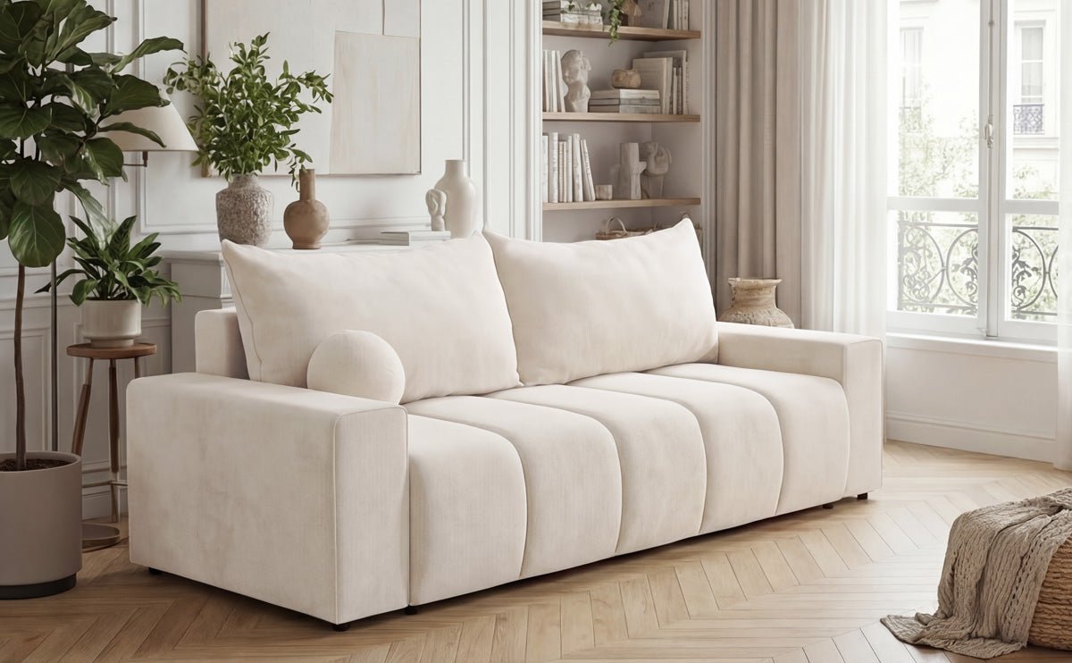 Designer 3 Sitzer Sofa Vena mit Stauraum und Schlaffunktion in Samt
