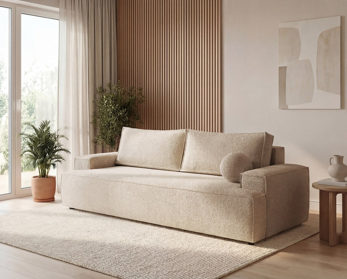 Designer 3 Sitzer Sofa Mira in Bouclé mit Schlaffunktion & Stauraum – Beige