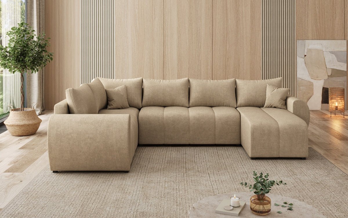 Designer Sofa Sorella U mit Schlaf- und Klappfunktion in Stoff