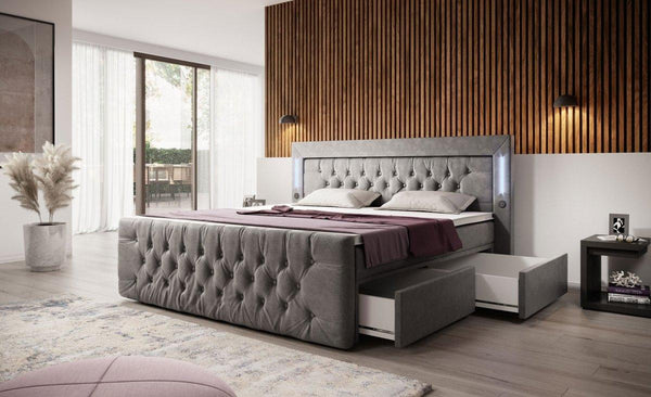 Boxspringbett Charme mit LED, USB und Stauraum (4 Schubladen)