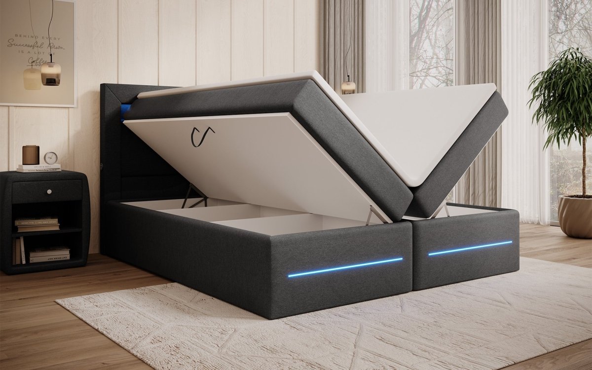 Boxspringbett Nera mit LED, USB und Stauraum - Luxusbetten24