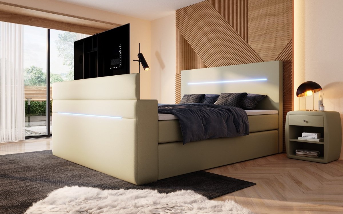 Boxspringbett Sejour mit TV Lift, RGB und Stauraum - Luxusbetten24