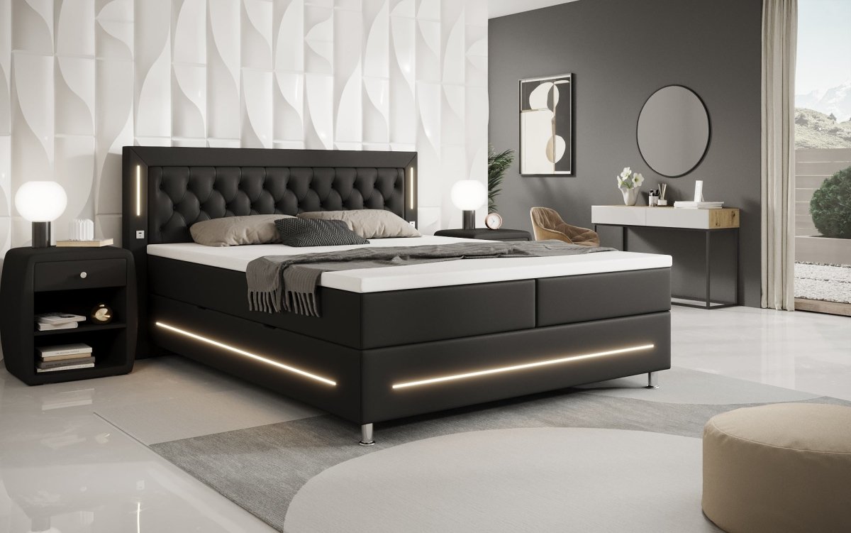 Boxspringbett Verdino mit RGB, USB und Stauraum - Luxusbetten24