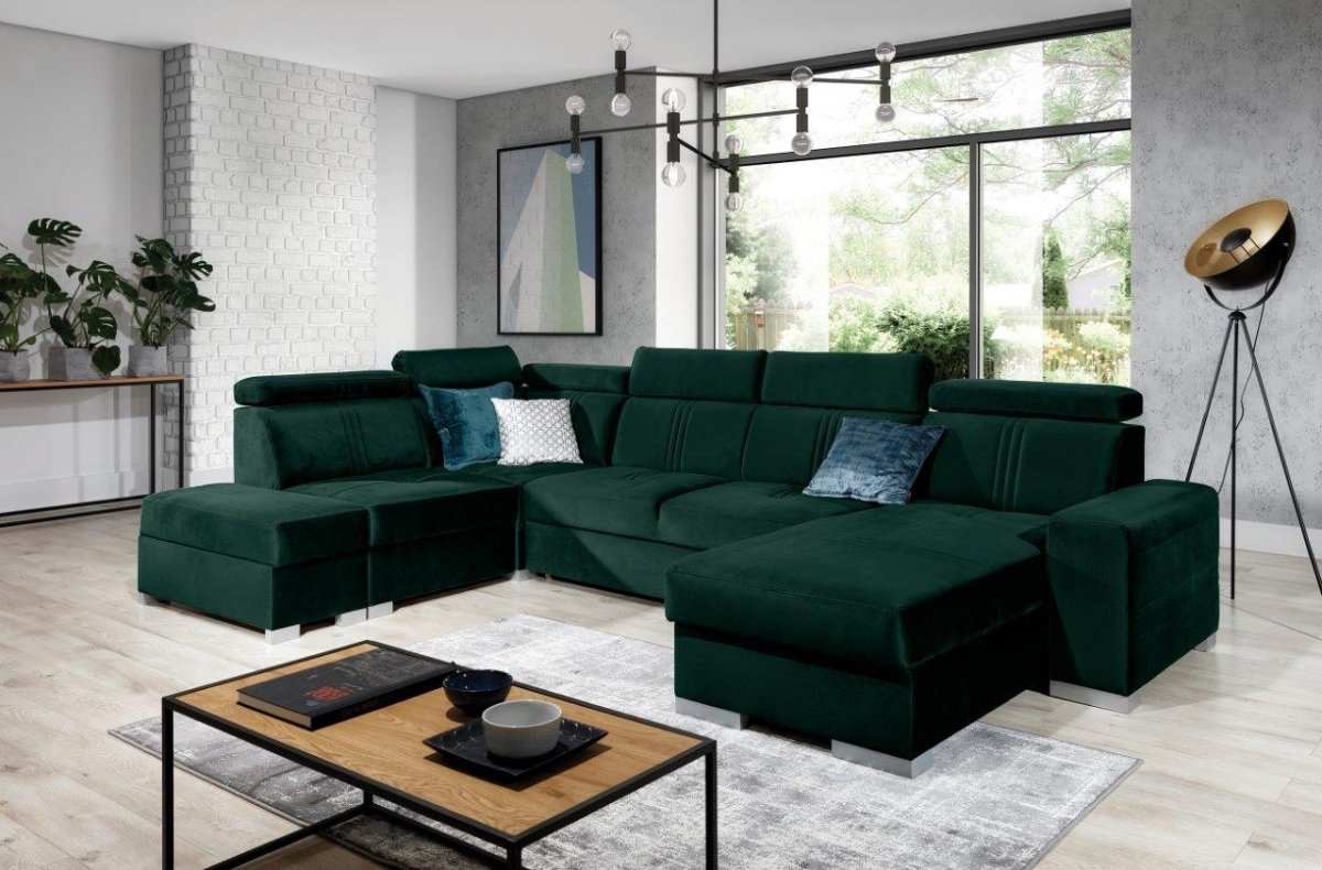 Designer Sofa Leandro U mit USB, Schlaf- und Klappfunktion - Luxusbetten24